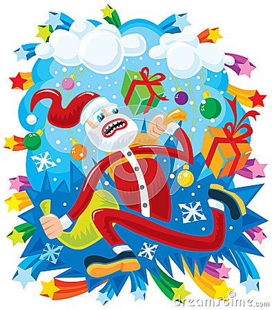 Crazy Santa in a hurry Vector Illustration