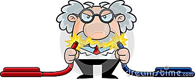 Crazy Science Professor Cartoon Character Holding Electric Cables With Electricity Spark Vector Illustration