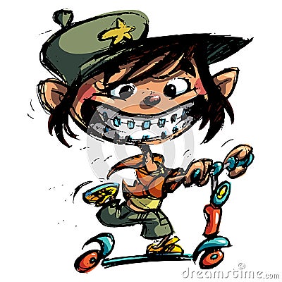 Crazy smiling happy boy with braces and scooter skating Vector Illustration