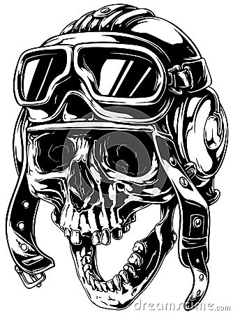 Crazy smiling old human skull in aviator helmet Vector Illustration