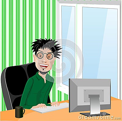 Crazy smiling programmer with glasses Vector Illustration