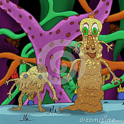 Crazy strange space alien or monster in an alien forest. Cartoon Illustration