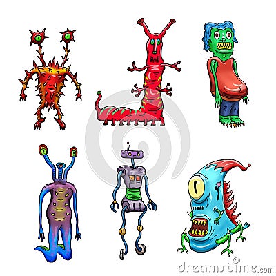 Crazy strange space alien or monster set of 6. Original colored Cartoon Illustration