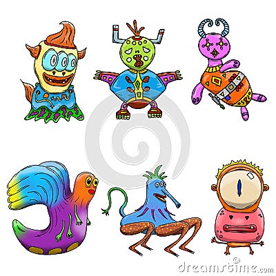 Crazy strange space alien or monster set of 6. Original colored illustrations Cartoon Illustration