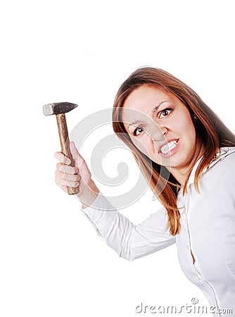 Crazy woman with hammer Stock Photo