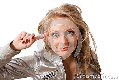 Crazy young female in silver jacket Stock Photo