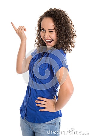 Crazy young girl in blue presenting with her finger. Stock Photo