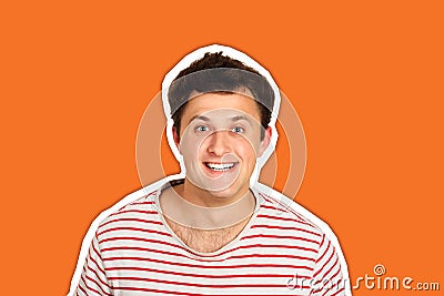 Crazy young man happy pose. emotional guy isolated Magazine collage style with trendy color Stock Photo