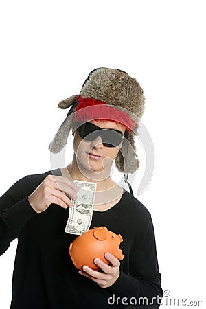 Crazy young student boy, one dollar in piggy bank Stock Photo