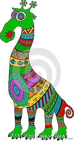 Crazy zoo. Polynesian and african style tattooed cartoon alien giraffe, illustration. Cartoon Illustration