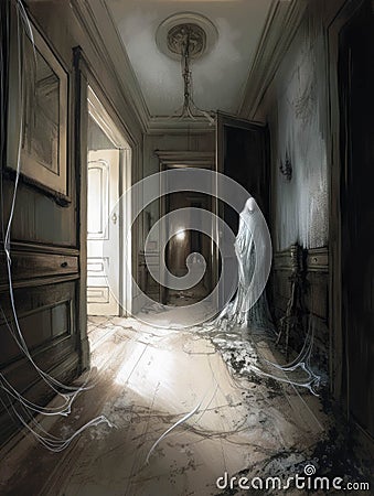 Creaking floorboards echo through the halls of an old mansion its walls adorned with paintings of unholy creatures Stock Photo