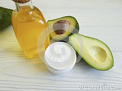 Cream avocado oil on white wooden health handmade care bottle Stock Photo