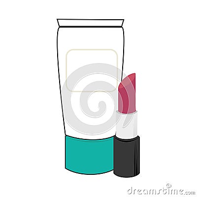 Cream bottle and lipstick beauty products Vector Illustration