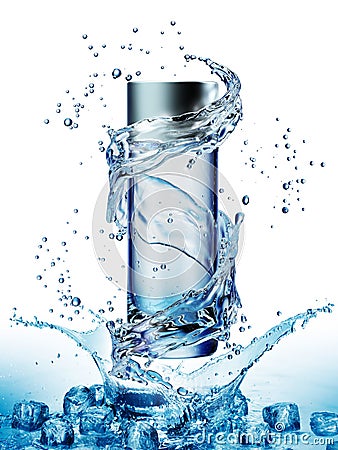 Cream bottle mock up in water splash on blue background. Cartoon Illustration