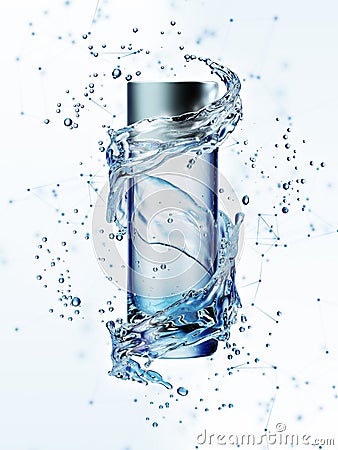 Cream bottle mock up in water splash on blue background. Cartoon Illustration