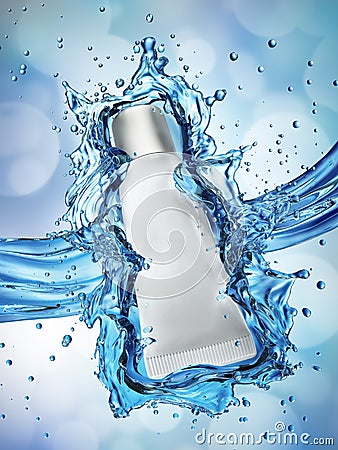 Cream bottle mock up in water splash on blue background. Cartoon Illustration