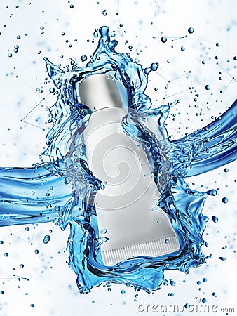 Cream bottle mock up in water splash on blue background. Cartoon Illustration