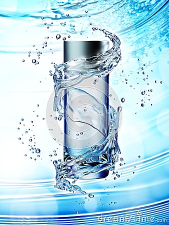 Cream bottle mock up in water splash on blue background. Cartoon Illustration