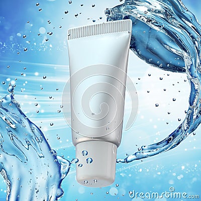 Cream bottle mock up in water splash on blue background. Cartoon Illustration