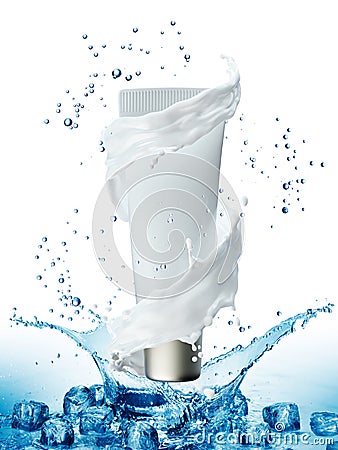 Cream bottle mock up in water splash on blue background. Cartoon Illustration