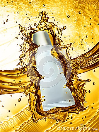 Cream bottle mock up in water splash of yellow color. Cartoon Illustration