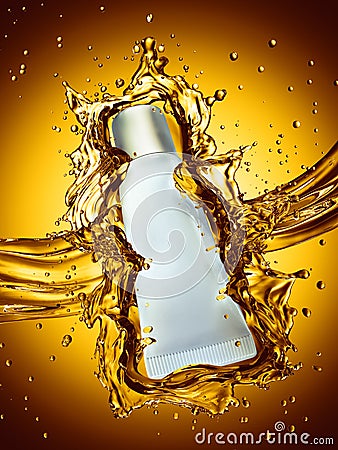 Cream bottle mock up in water splash of yellow color. Cartoon Illustration