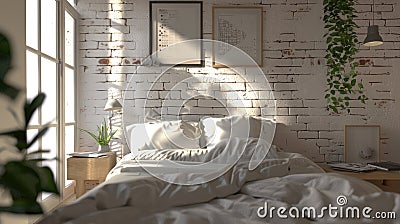 a cream brick loft bedroom, adorned with Scandinavian minimalist decor, inviting relaxation and tranquility. Stock Photo