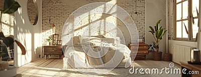 a cream brick loft bedroom, adorned with Scandinavian minimalist decor, inviting relaxation and tranquility. Stock Photo