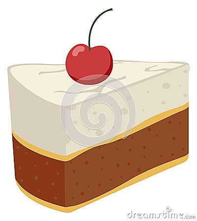 Cream cake slice with cherry on top. Piece of pie Vector Illustration