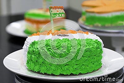 Cream Cake Independence Day or Republic Day Special.Indian National Flag colours like saffron, white and green. 15th August India Stock Photo