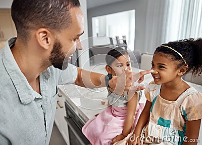Cream, children nose and father for skincare, support and love in bathroom together with sunscreen help. Moisturizer Stock Photo