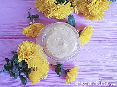 Cream cosmetic flowers chrysanthemum rustic yellow on a pink wooden background Stock Photo