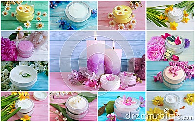 Cream cosmetic flowers collage Stock Photo