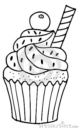 Cream cupcake doodle. Black line baked dessert Stock Photo