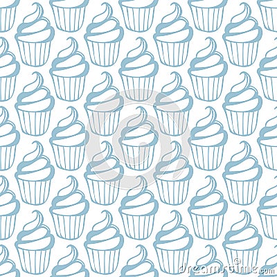 Cream cupcake seamless white blue pattern Vector Illustration