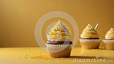 Cream Cupcakes on a Yellow Background Stock Photo