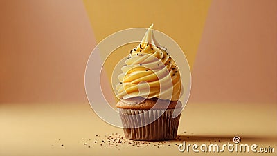 Cream Cupcakes on a Yellow Background Stock Photo