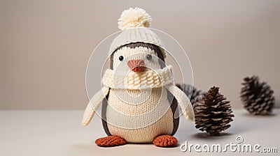 Cream Knit Penguin Toy In Pom Pom Hat And Scarf Cartoon Illustration