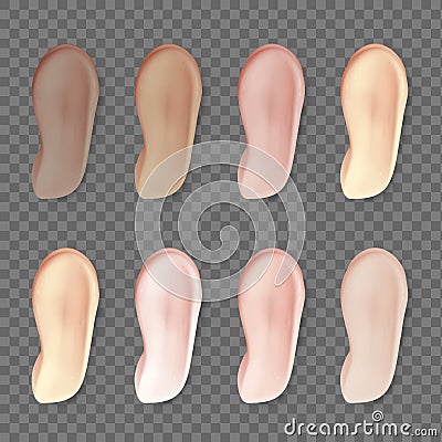 Cream makeup foundation. Realistic cosmetic smears different natural colors, face make up creamy, mousse or lotion Vector Illustration