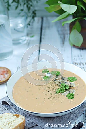 A bowl with mushroom cream soup Stock Photo