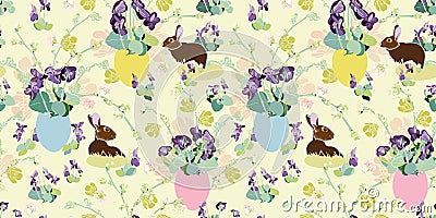 Cream pattern with flowers, bunny and easter egg. Vector Illustration