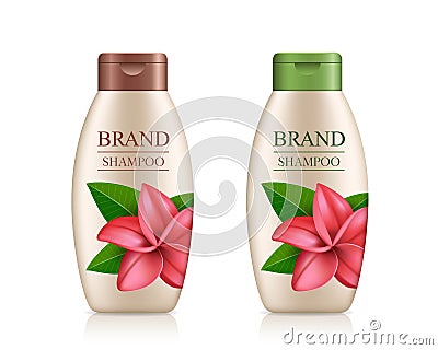 Cream shampoo product bottle with colorful cap, Plumeria flower template Vector Illustration