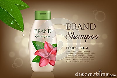 Cream shampoo product bottle with green cap, Plumeria flower template design Vector Illustration