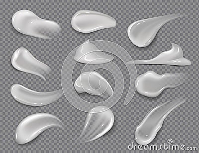 Cream smears. Realistic white cosmetic gel, creamy toothpaste blobs on transparent background. Vector skincare lotion Vector Illustration