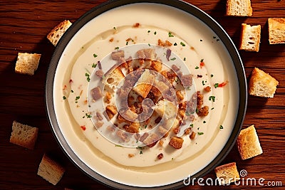 Cream soup with garlic croutons Stock Photo