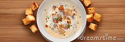 Cream soup with garlic croutons Stock Photo