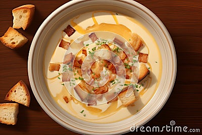 Cream soup with garlic croutons Stock Photo