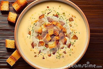 Cream soup with garlic croutons Stock Photo