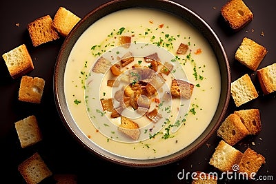 Cream soup with garlic croutons Stock Photo