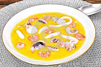Cream Soup with Seafood Stock Photo